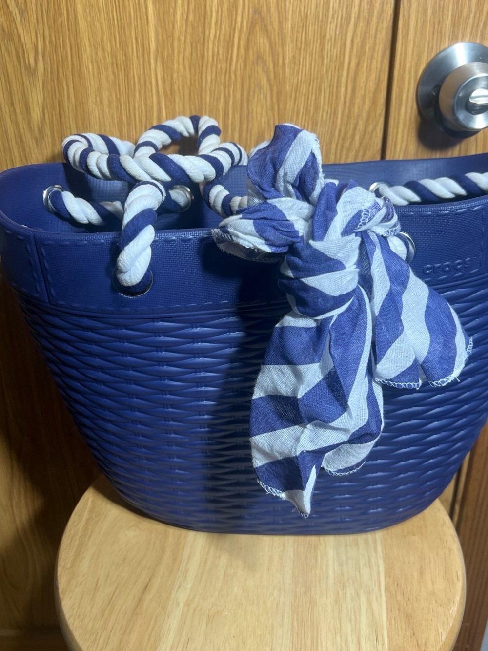 CROCS Navy Blue Woven Tote with Striped Rope Handles